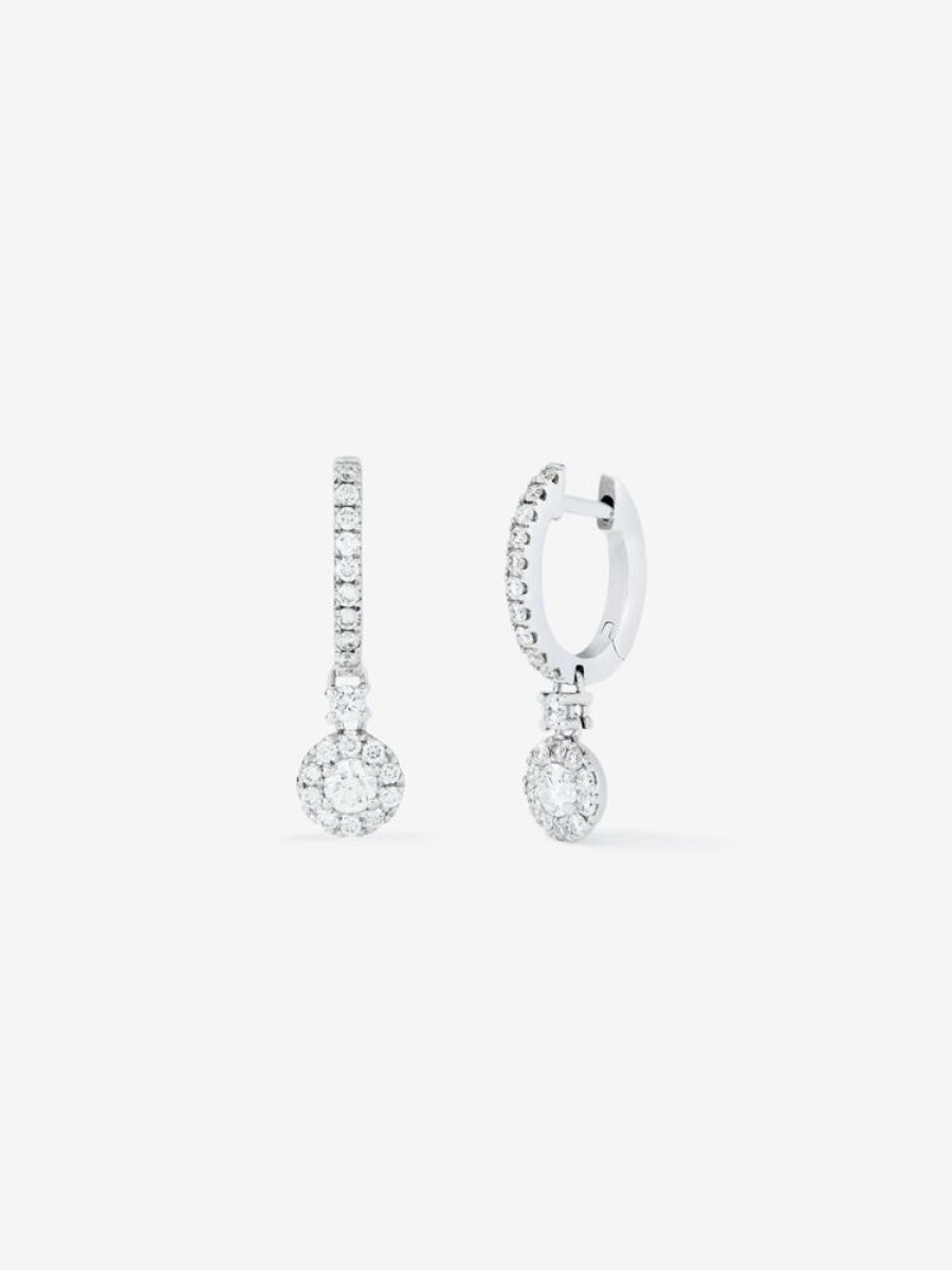 Joyeria Joyería Suárez Pendientes Con Diamantes | Pendientes Aro Colgante Solitario Con Orla De Oro Blanco De 18K Con Diamantes