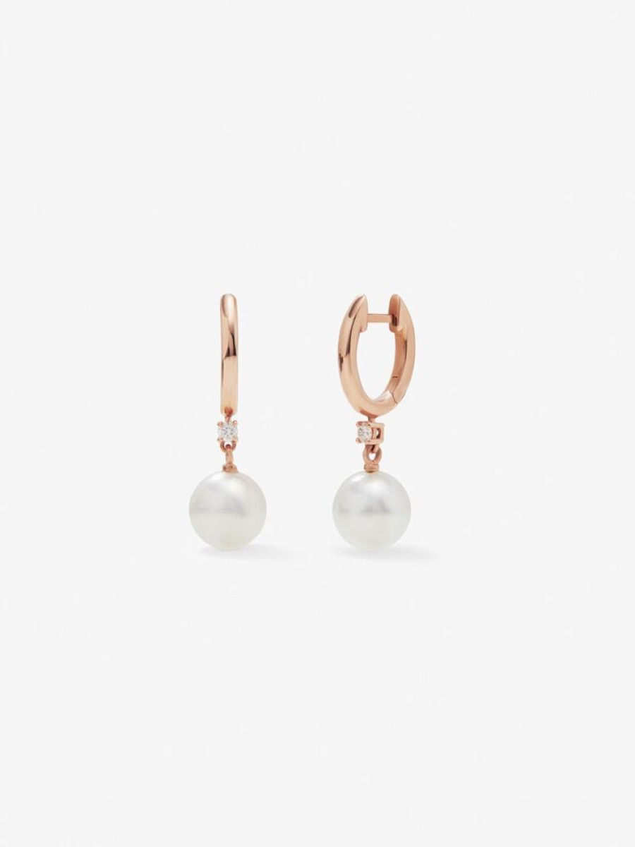 Joyeria Joyería Suárez Pendientes Con Perlas | Pendiente De Aro De Oro Rosa De 18K Con Perla Australiana De 8,5 Mm Y Diamante