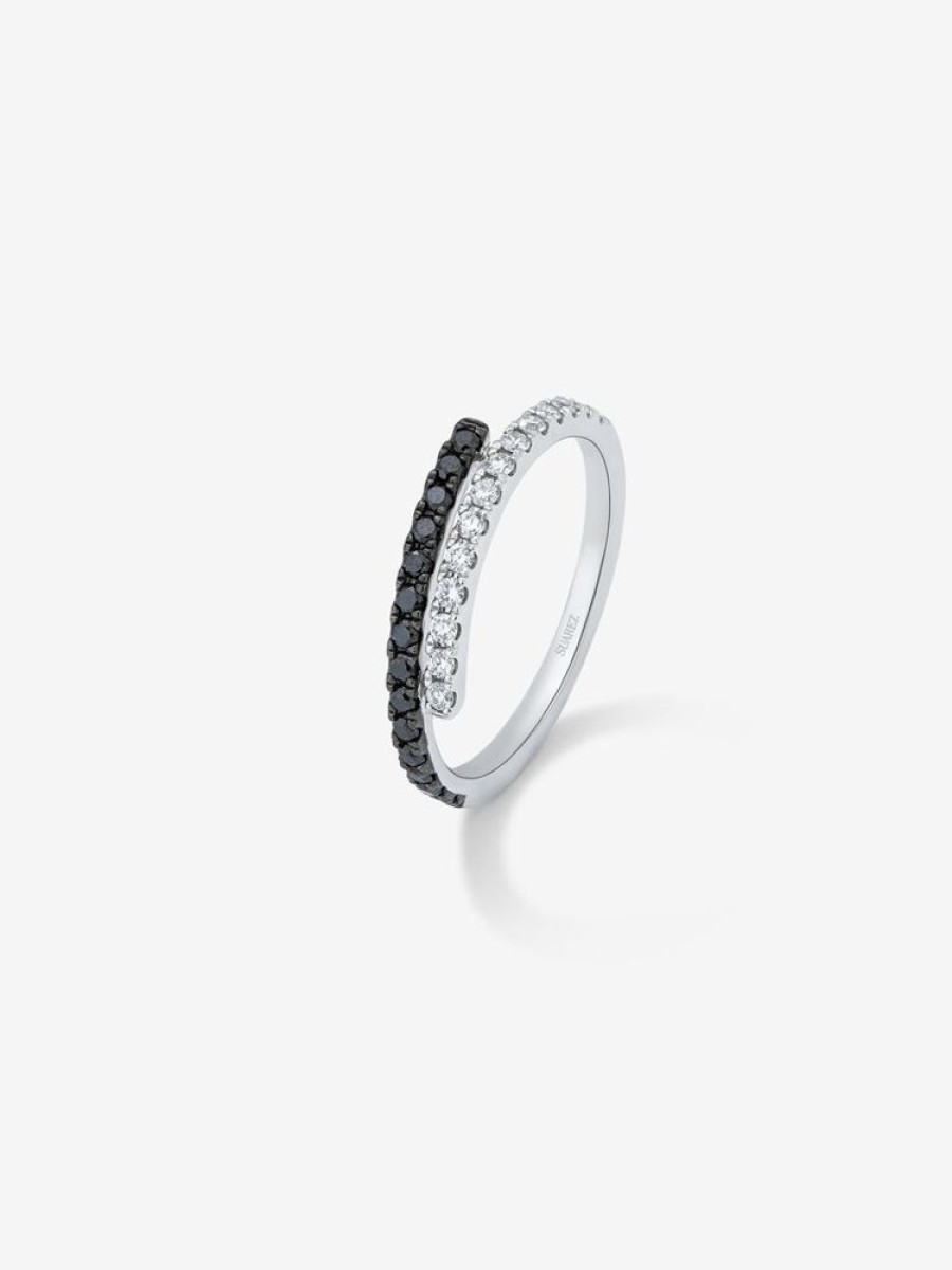 Joyeria Joyería Suárez Anillos Con Diamantes | Anillo Abierto De Oro De 18K Con Diamante Negro Y Diamante Blanco