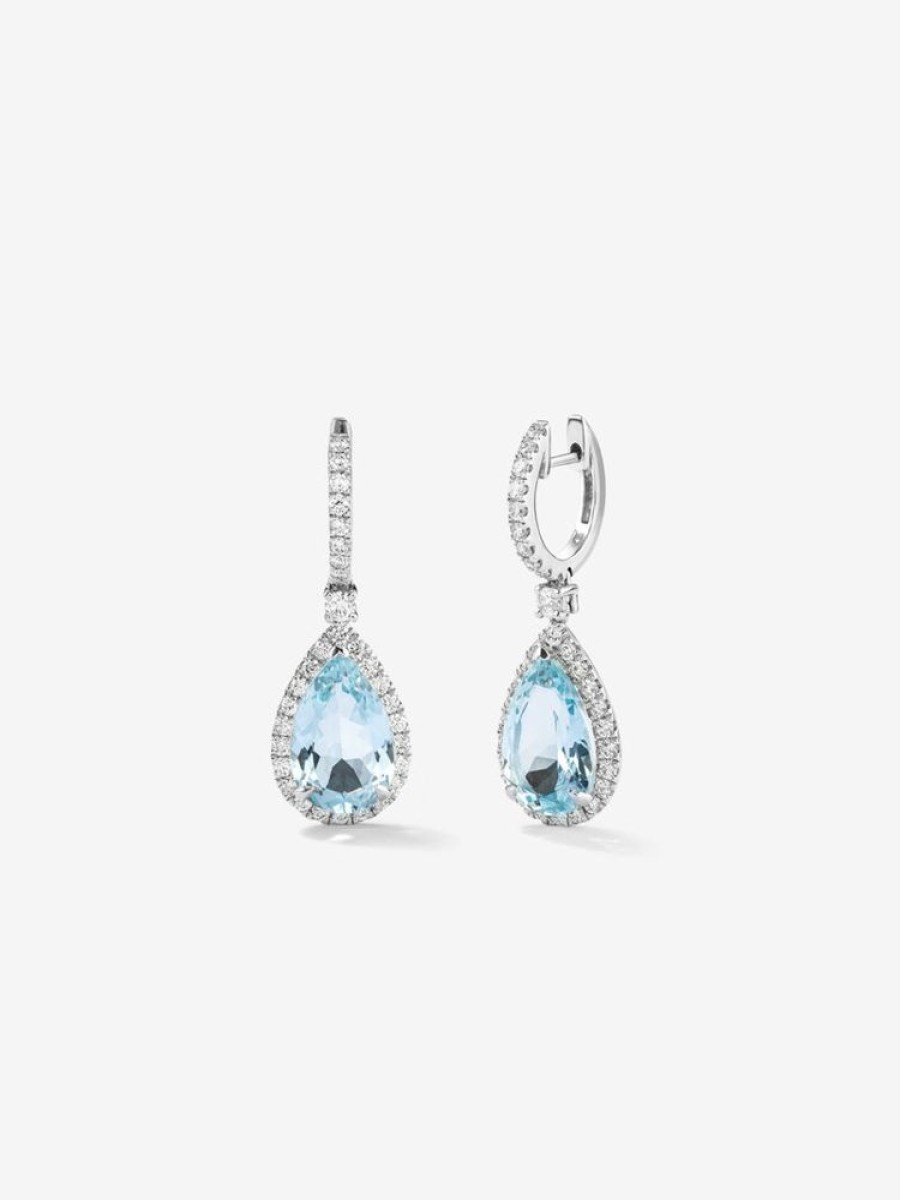 Joyeria Joyería Suárez Pendientes De Oro | Pendientes De Aro Con Colgante De Oro Blanco De 18K Con Aguamarina Y Diamante