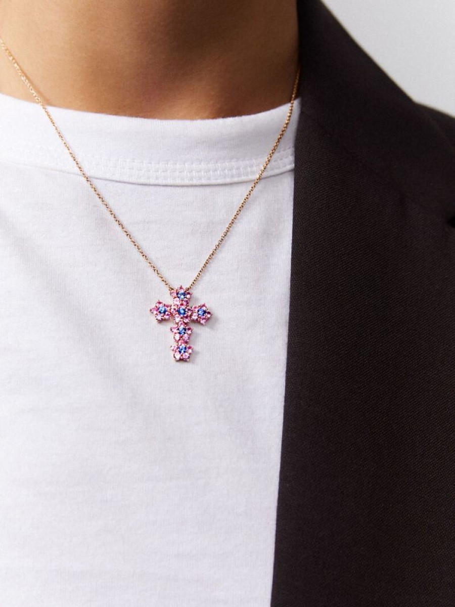 Joyeria Joyería Suárez Collares De Oro | Colgante Flores De Oro Rosa De 18Kt Con Zafiros Azules Y Rosas