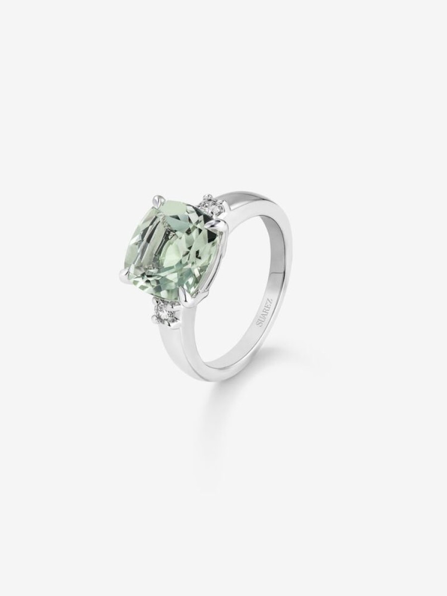 Joyeria Joyería Suárez Anillos De Plata | Anillo Tresillo De Plata 925 Con Amatista Verde Y Diamantes