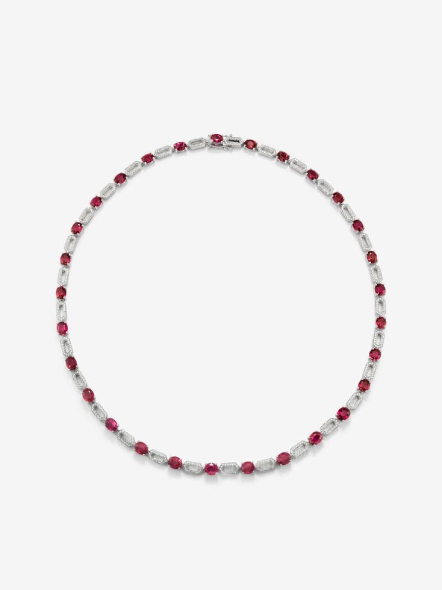 Joyeria Joyería Suárez Collares Con Diamantes | Collar De Oro Blanco De 18K Con Rubies Rojos En Talla Oval De 18,04 Cts Y Diamantes Blancos En Talla Brillante De 1,31 Cts