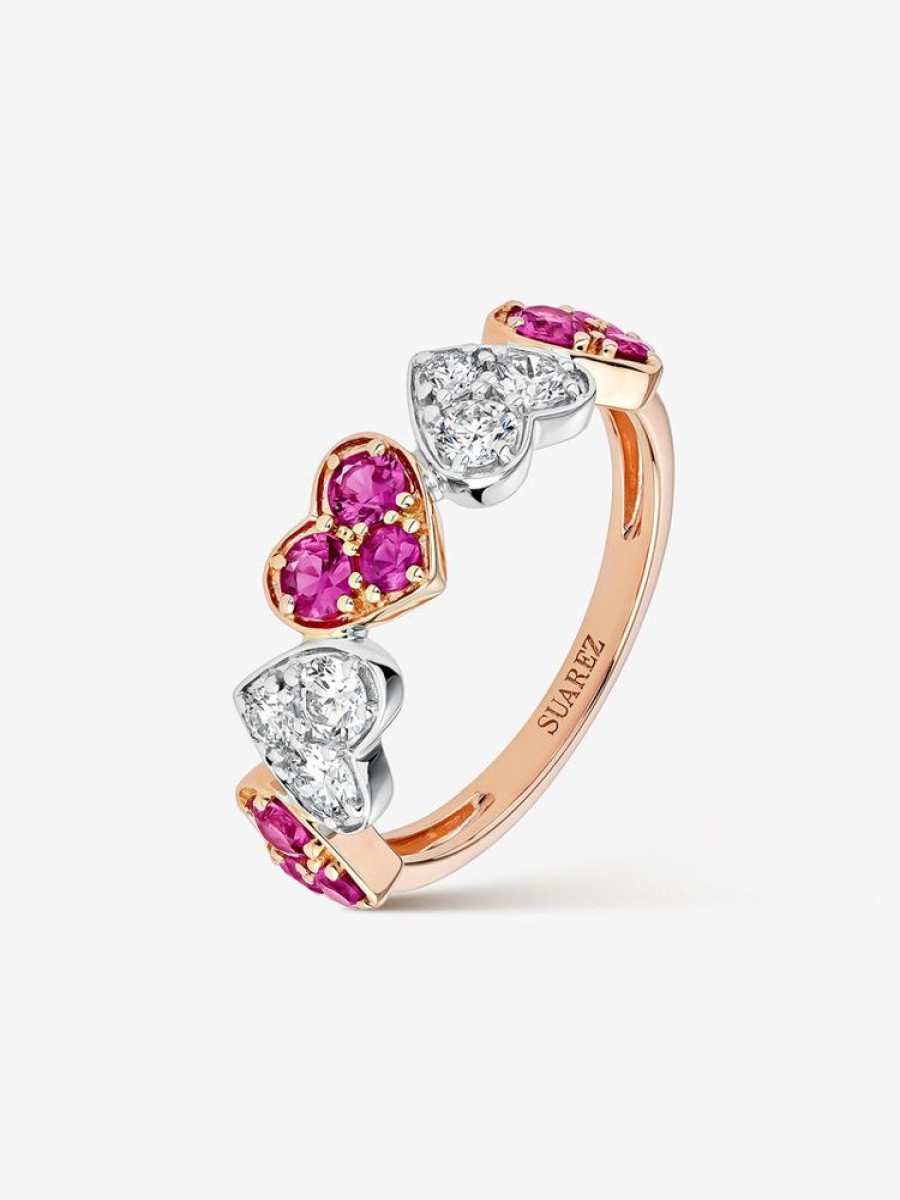 Joyeria Joyería Suárez Anillos Con Diamantes | Anillo Corazones De Oro Rosa Y Oro Blanco De 18Kt Con Zafiros Rosas Y Diamantes