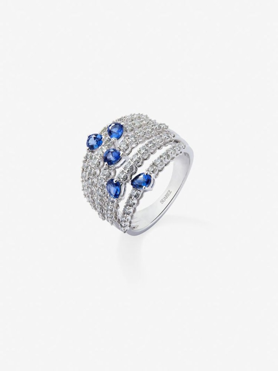 Joyeria Joyería Suárez Anillos De Oro | Anillo De Oro Blanco De 18K Con Diamantes Blancos En Talla Brillante De 1 Cts Y Zafiros Azules En Talla Pera De 1,13 Cts