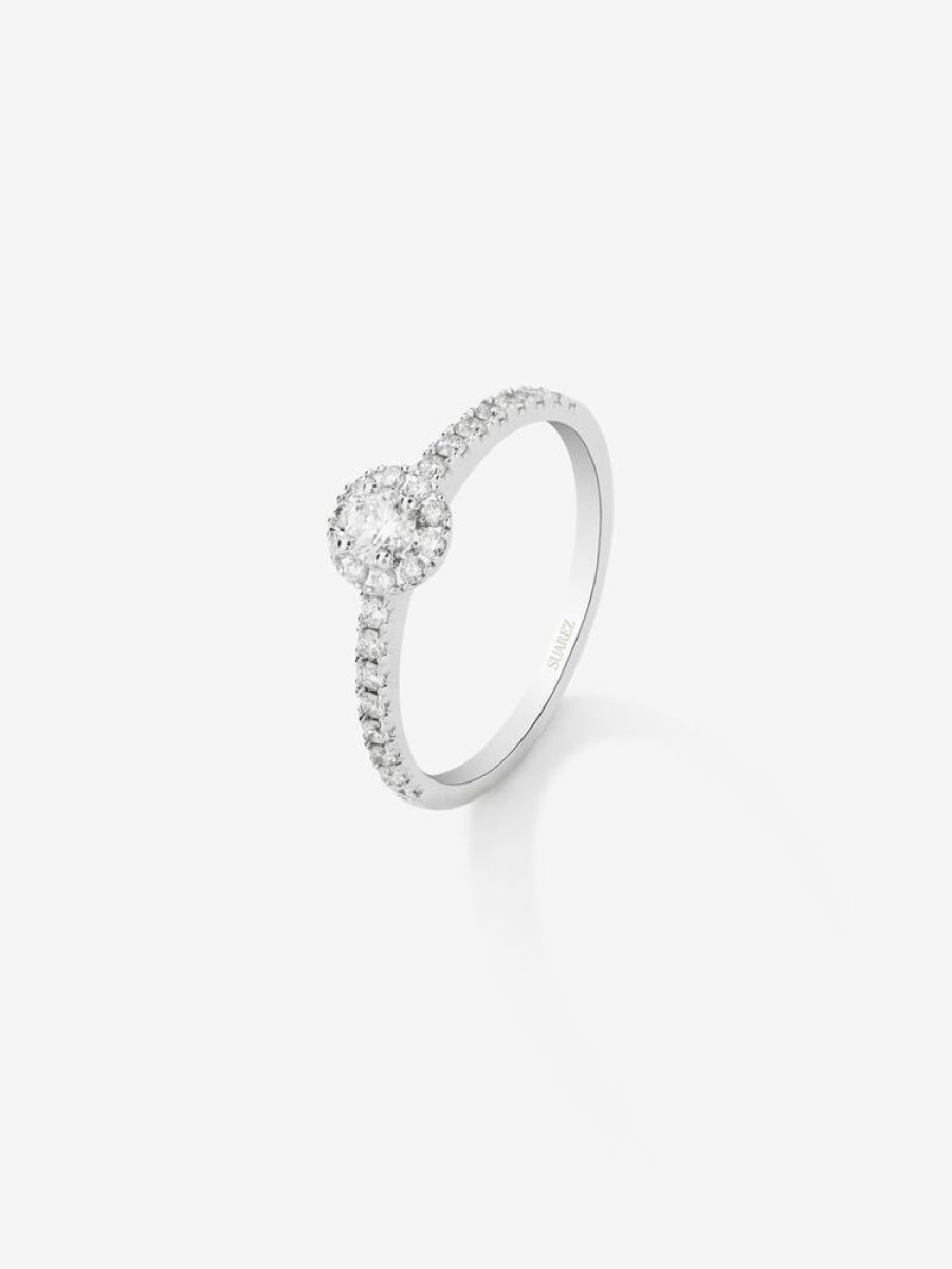 Joyeria Joyería Suárez Anillos Con Diamantes | Anillo Solitario De Compromiso De Oro Blanco De 18K Con Orla De Diamantes