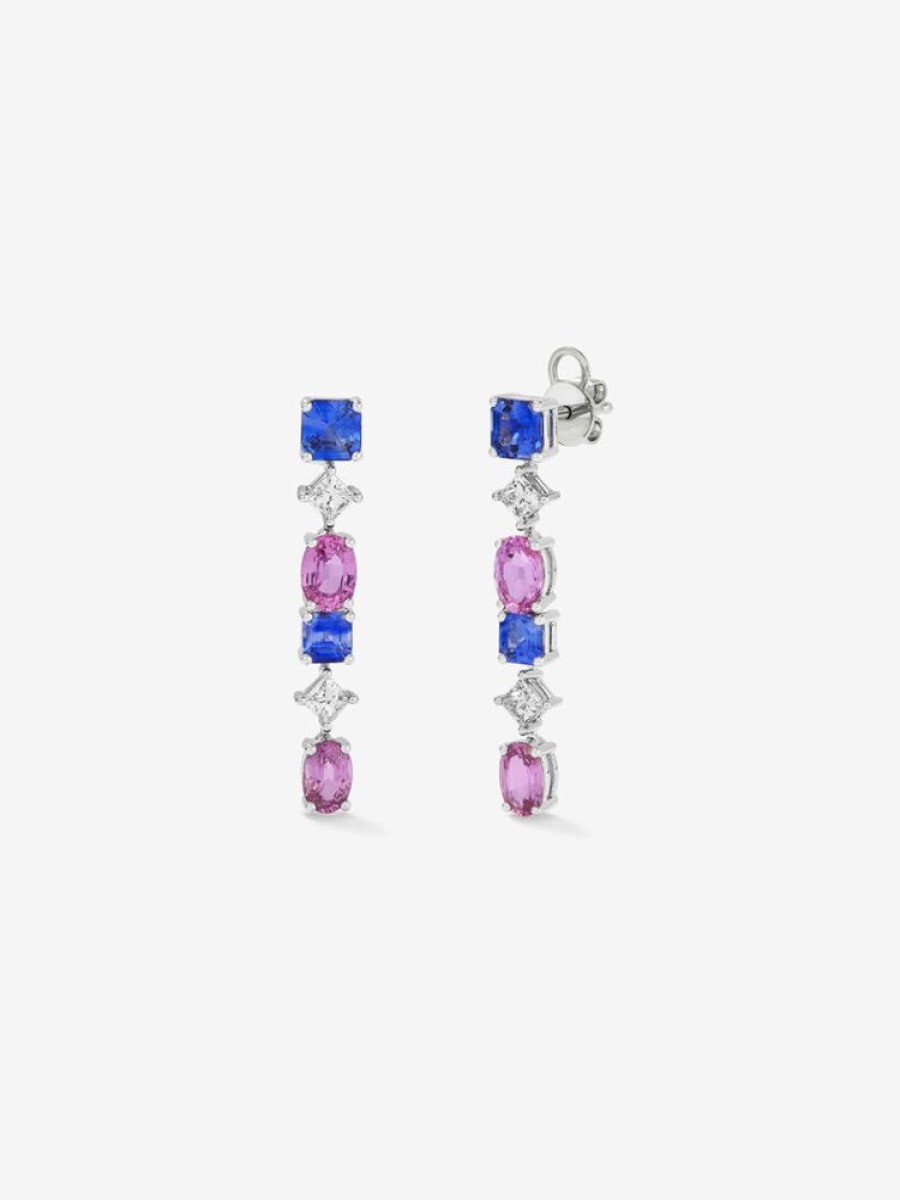 Joyeria Joyería Suárez Pendientes Con Diamantes | Pendientes De Oro Blanco De 18K Con Zafiros Azules 2,19 Cts, Zafiros Rosas 2,96 Cts Y Diamantes Blancos 0,65 Cts