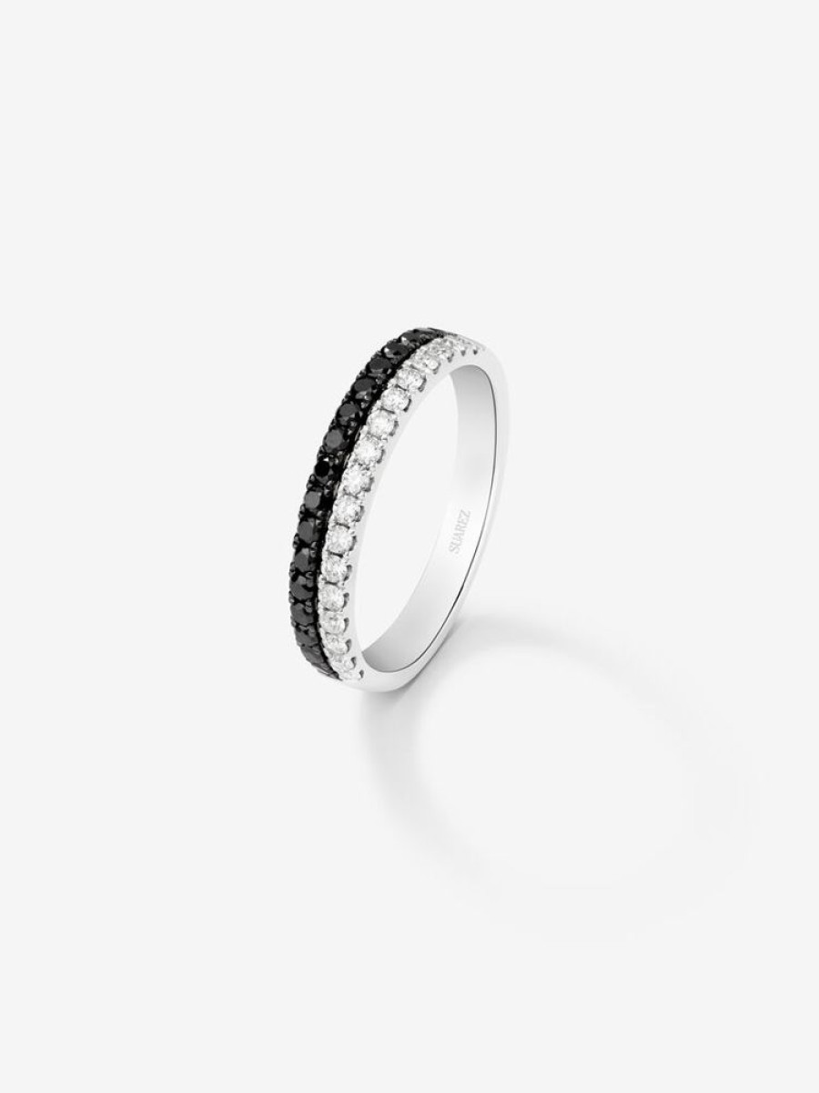 Joyeria Joyería Suárez Anillos Con Diamantes | Anillo Media Alianza De Oro Blanco De 18K Con Diamante Negro Y Diamante Blanco