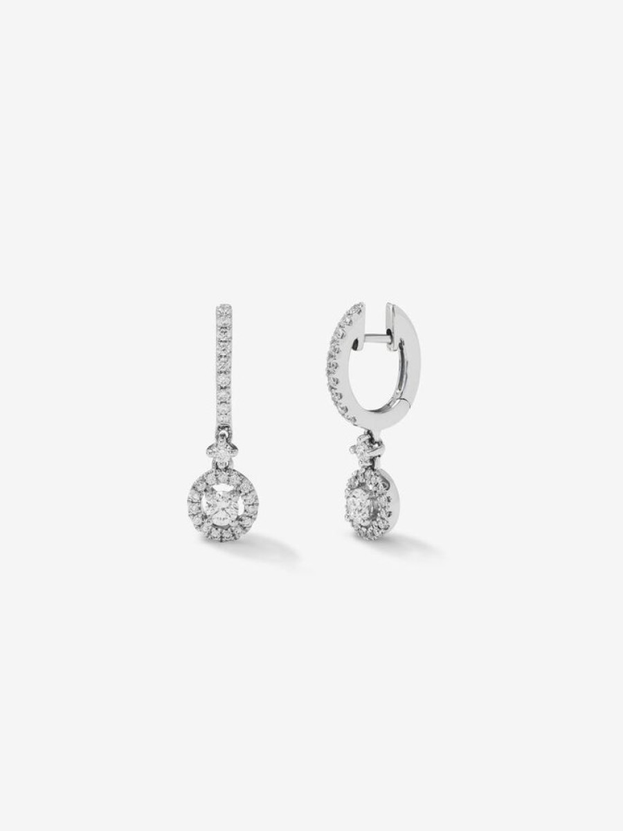 Joyeria Joyería Suárez Pendientes Con Diamantes | Pendientes Aro Colgante Solitario Con Orla De Oro Blanco De 18K Con Diamantes