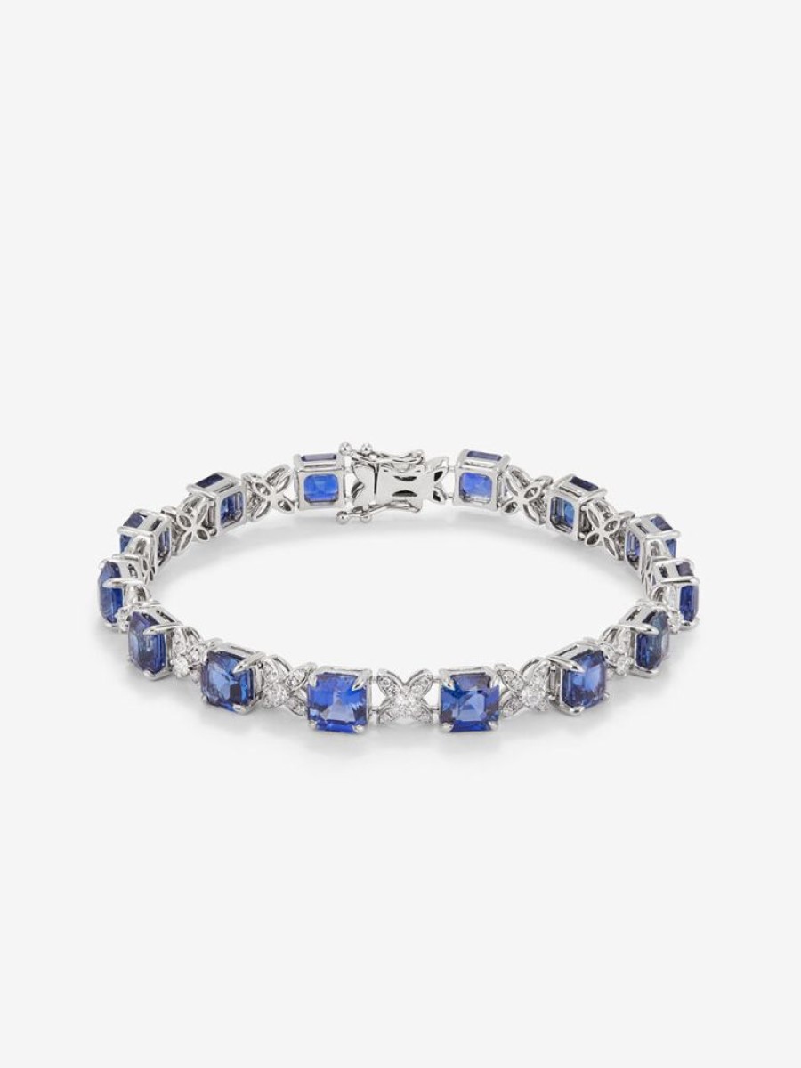 Joyeria Joyería Suárez Brazaletes | Pulsera De Oro Blanco De 18K Con Zafiros Azules En Talla Octogonal De 16,86 Cts Y Diamantes Blancos En Talla Brillante De 1,32 Cts