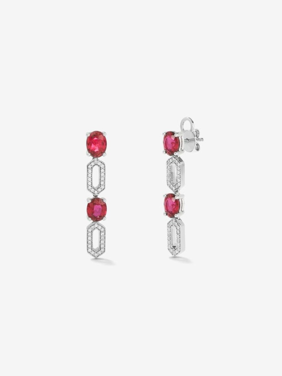 Joyeria Joyería Suárez Pendientes De Oro | Pendientes De Oro Blanco De 18K Con Rubies Rojos En Talla Oval De 3 Cts Y Diamantes Blancos En Talla Brillante De 0,18 Cts