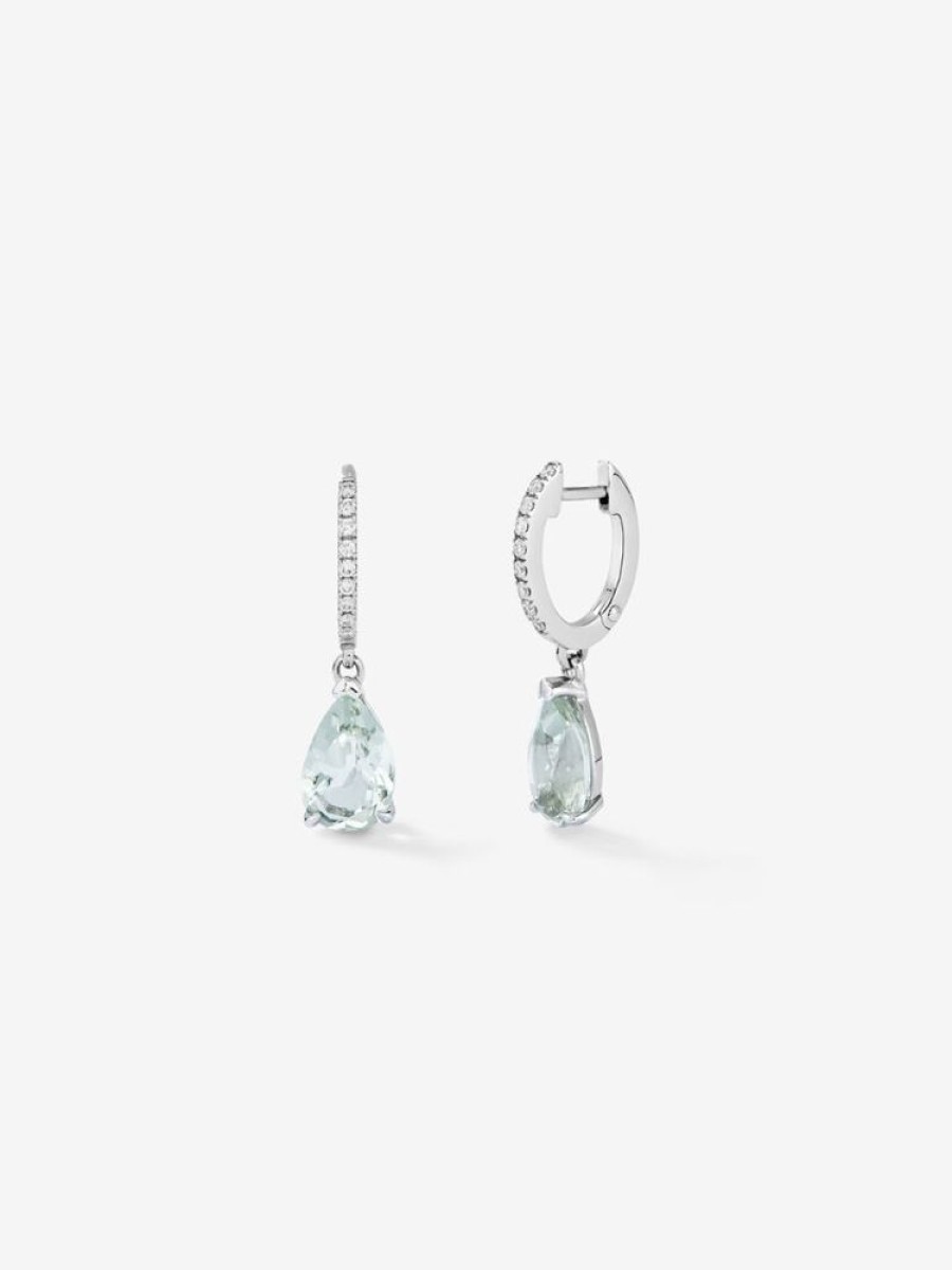 Joyeria Joyería Suárez Pendientes De Oro | Pendientes De Aro Con Colgante De Oro Blanco De 18K Con Amatista Verde Y Diamante