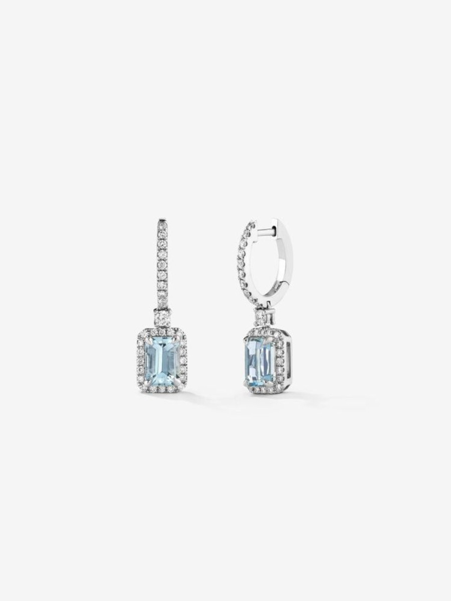 Joyeria Joyería Suárez Pendientes De Oro | Pendientes De Aro Con Colgante De Oro Blanco De 18K Con Aguamarina Y Diamante