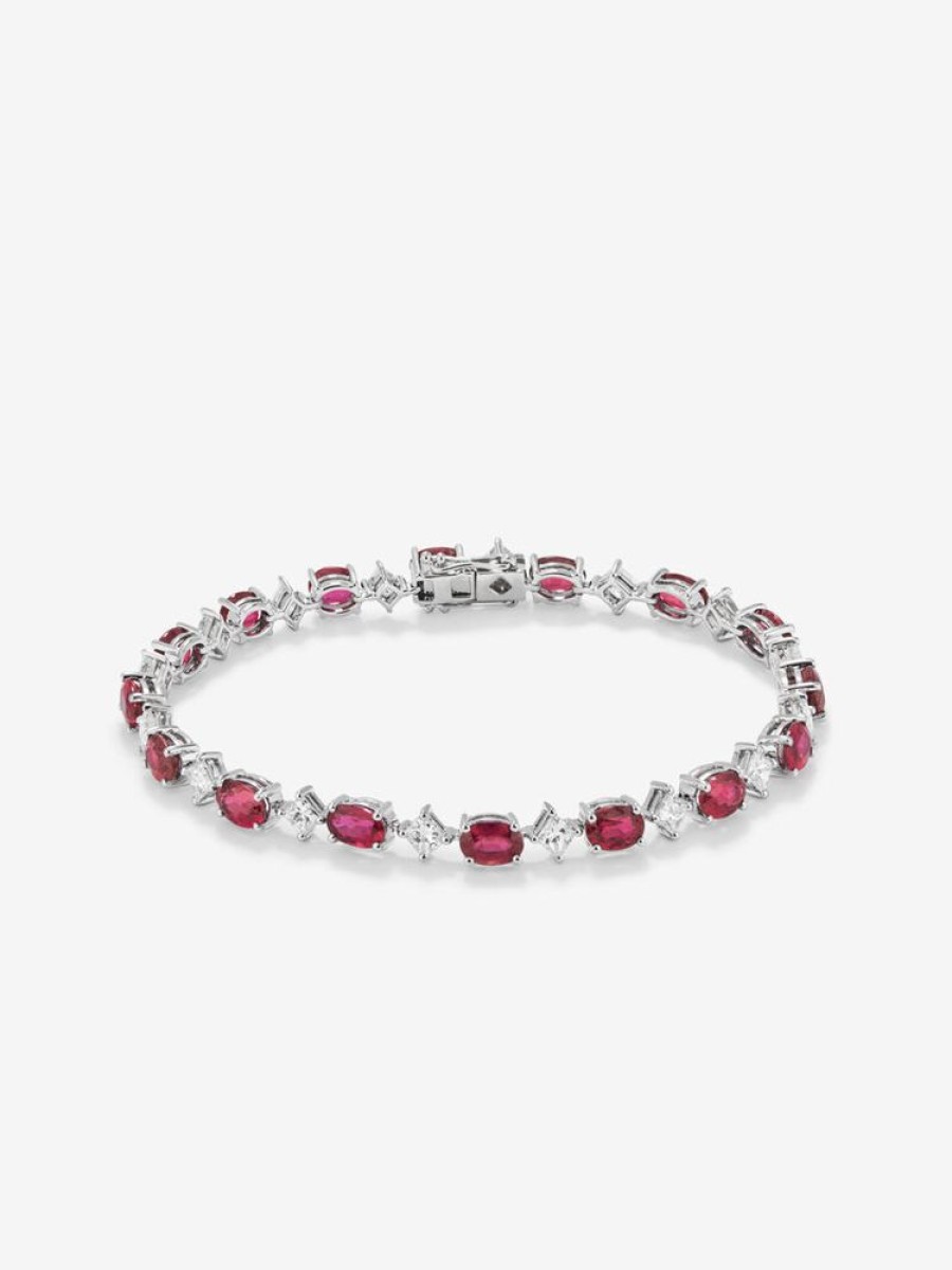 Joyeria Joyería Suárez Brazaletes | Pulsera Riviere De Oro Blanco De 18K Con Rubies Rojos En Talla Oval De 10,16 Cts Y Diamantes Blancos En Talla Princesa De 2,69 Cts