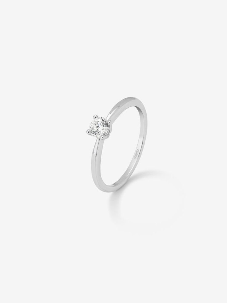 Joyeria Joyería Suárez Anillos Con Diamantes | Anillo Solitario De Compromiso De Oro Blanco De 18K Con Orla De Diamantes