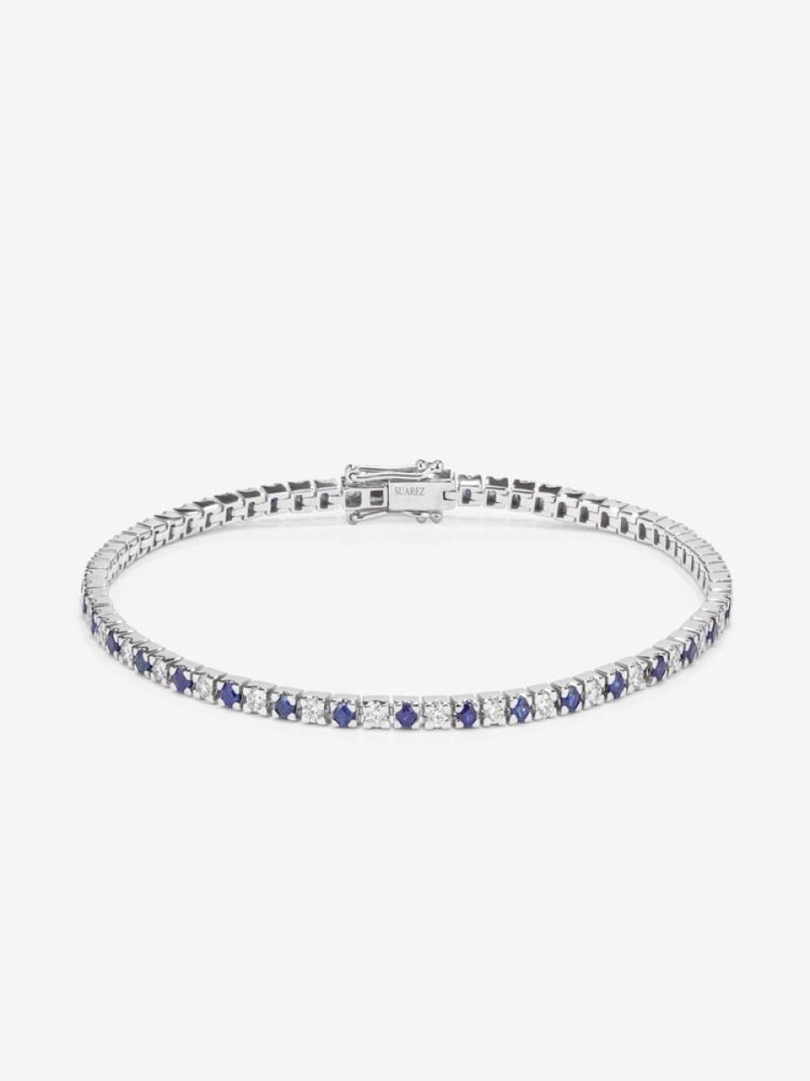 Joyeria Joyería Suárez Pulseras De Oro | Pulsera Riviere De Oro Blanco De 18K Con Diamante Y Zafiro