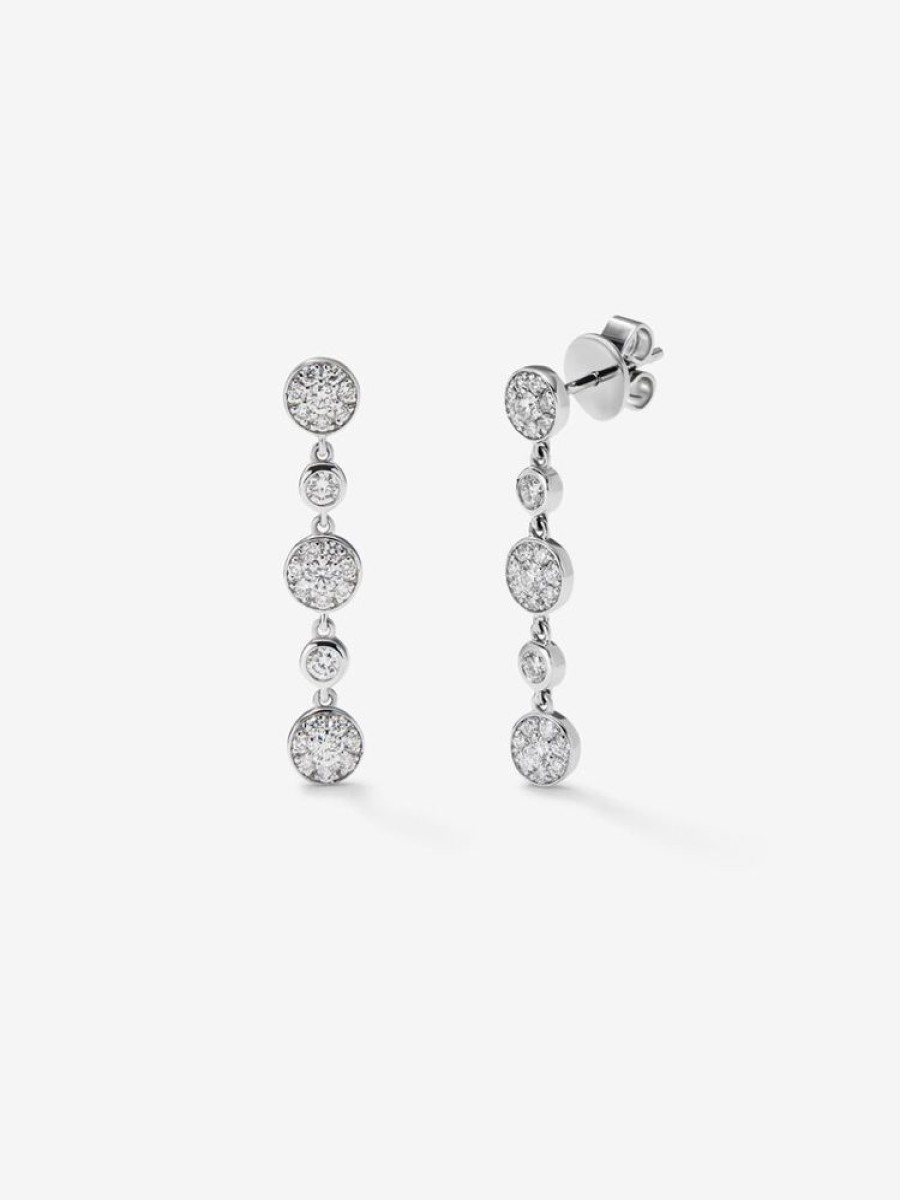 Joyeria Joyería Suárez Pendientes Con Diamantes | Pendientes Largos De Oro Blanco De 18Kt Con Motivos Circulares Con Diamantes