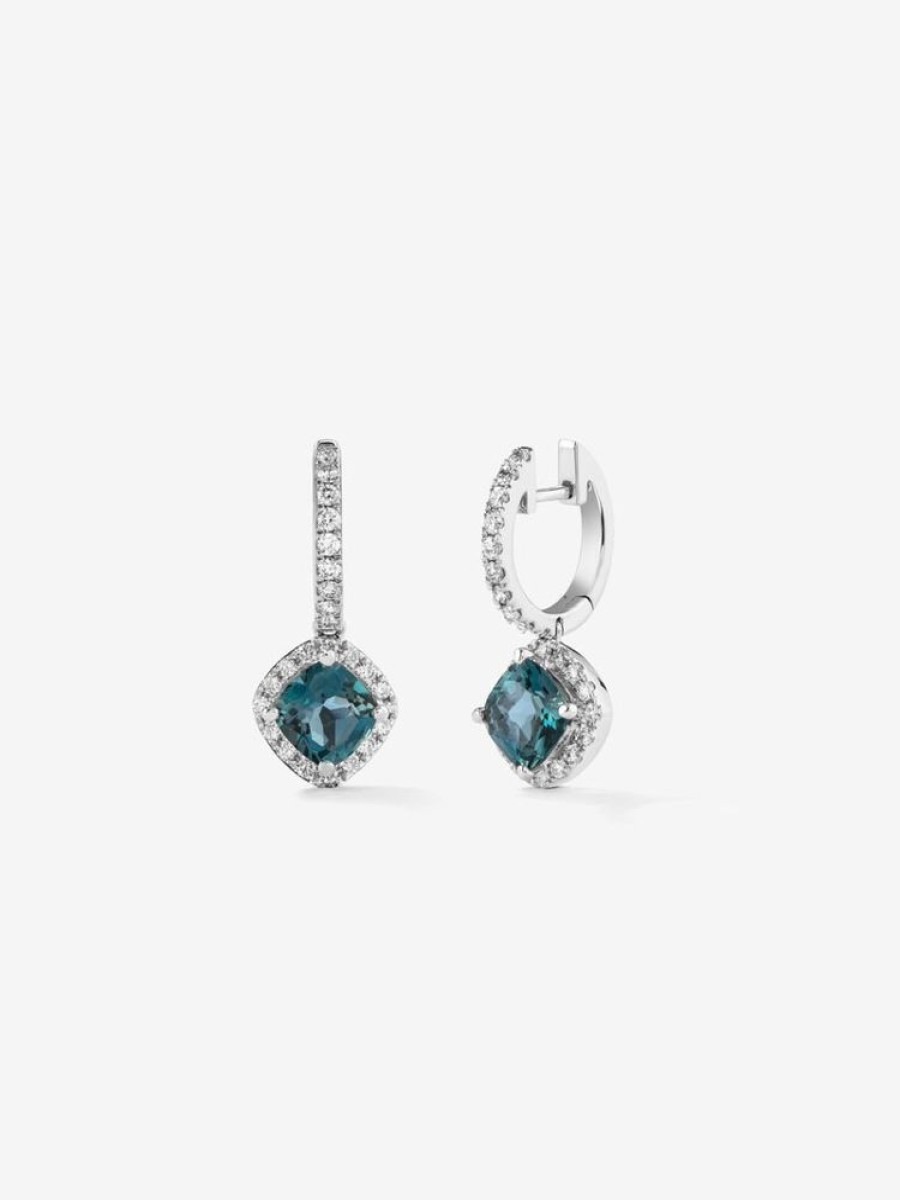 Joyeria Joyería Suárez Pendientes De Oro | Pendientes Criolla De Oro Blanco De 18Kt Con Piedra Topacio Azul London De 1,08Cts Y Diamantes