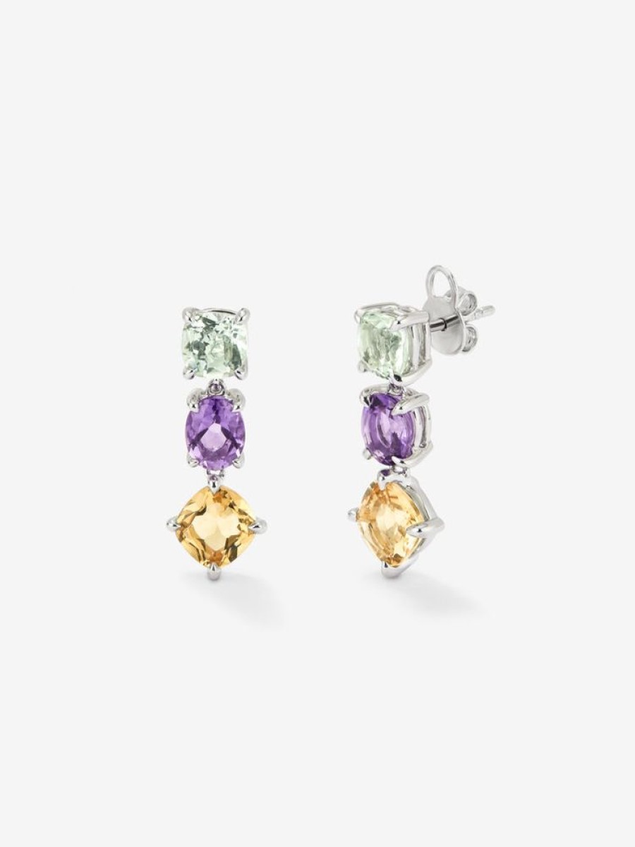 Joyeria Joyería Suárez Pendientes De Plata | Pendientes Largos De Plata 925 Con Amatista Verde, Morada Y Citrino