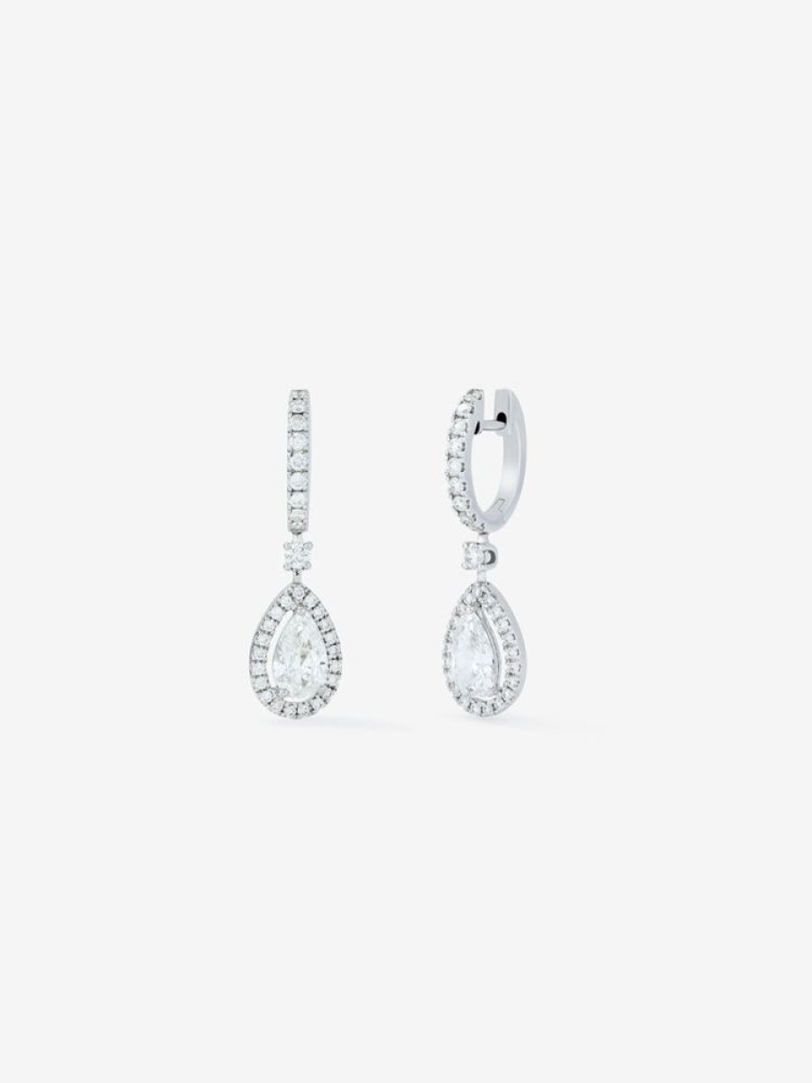 Joyeria Joyería Suárez Pendientes Con Diamantes | Pendientes Aro Colgante Solitario En Talla Pera Con Orla De Oro Blanco De 18K Con Diamantes