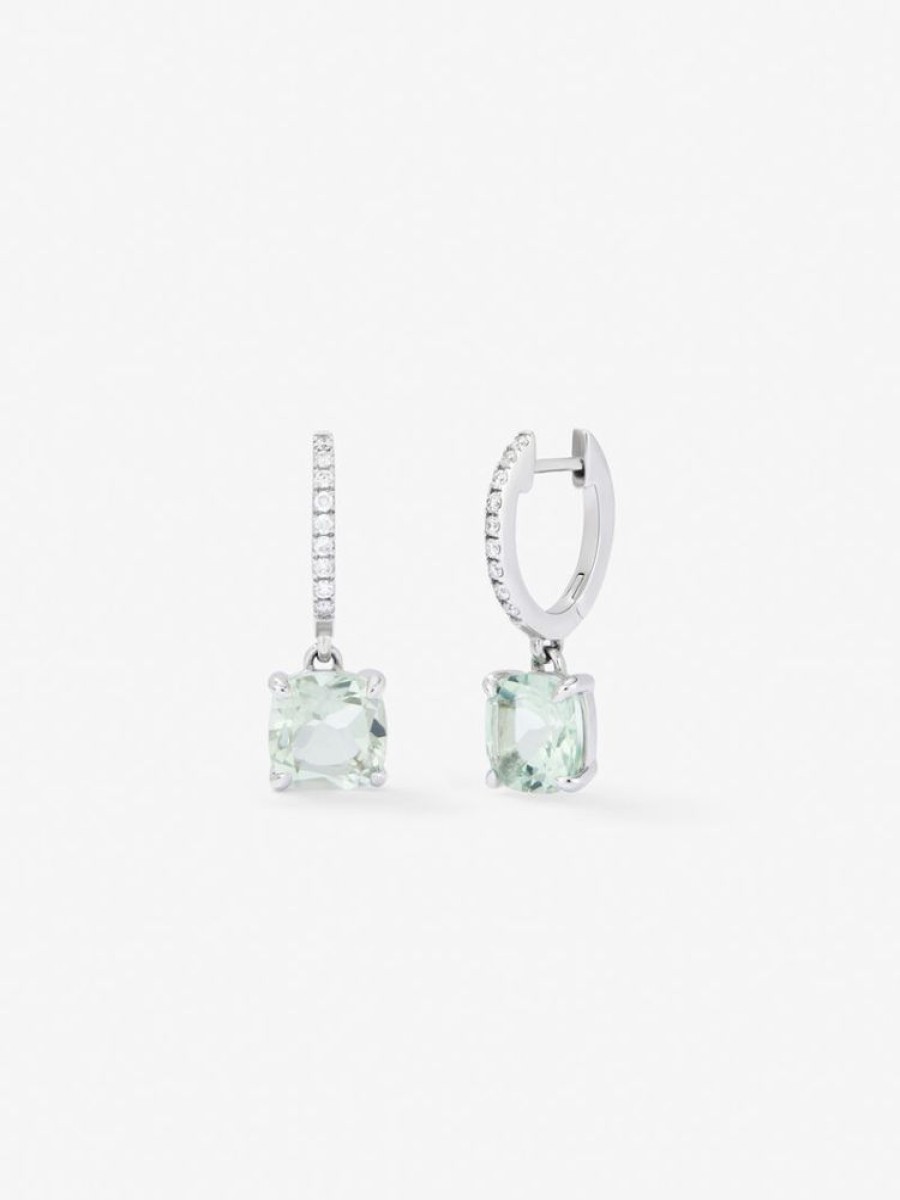 Joyeria Joyería Suárez Pendientes De Oro | Pendientes De Aro Con Colgante De Oro Blanco De 18K Con Amatista Verde Y Diamante