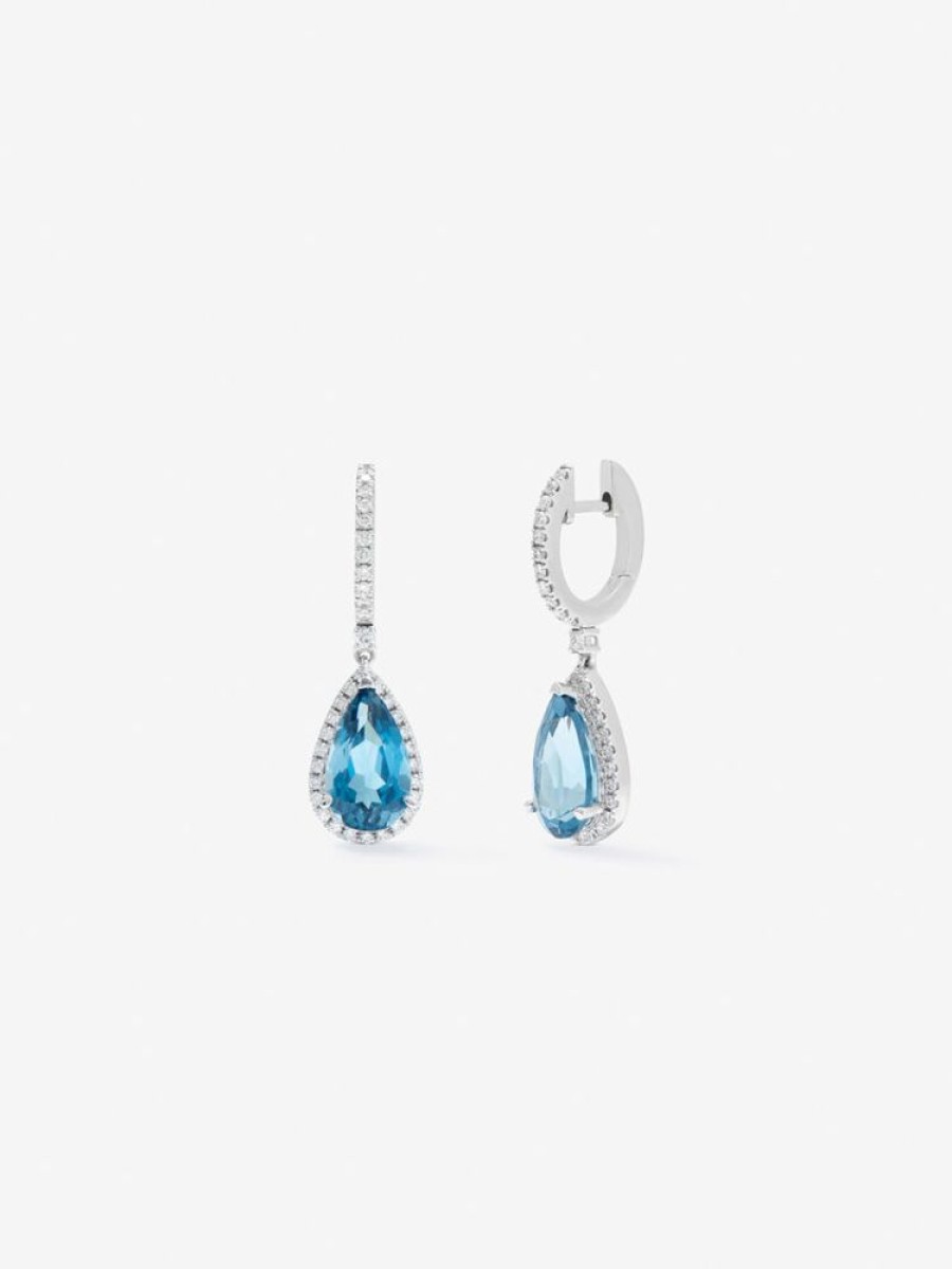 Joyeria Joyería Suárez Pendientes De Oro | Pendientes De Aro Con Colgante De Oro Blanco De 18K Con Topacio Y Diamante