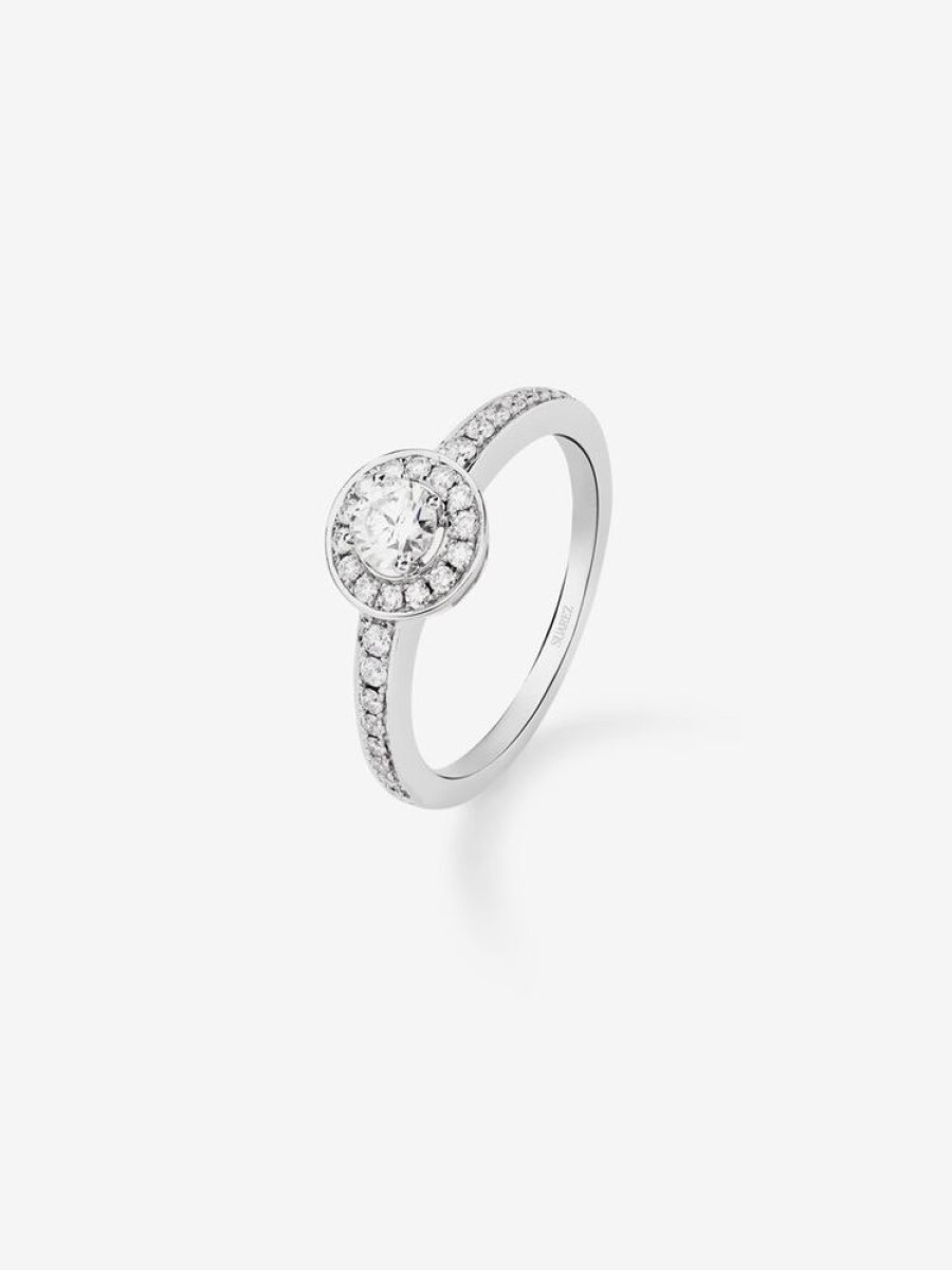 Joyeria Joyería Suárez Anillos Con Diamantes | Anillo Solitario De Compromiso De Oro Blanco De 18K Con Orla De Diamantes