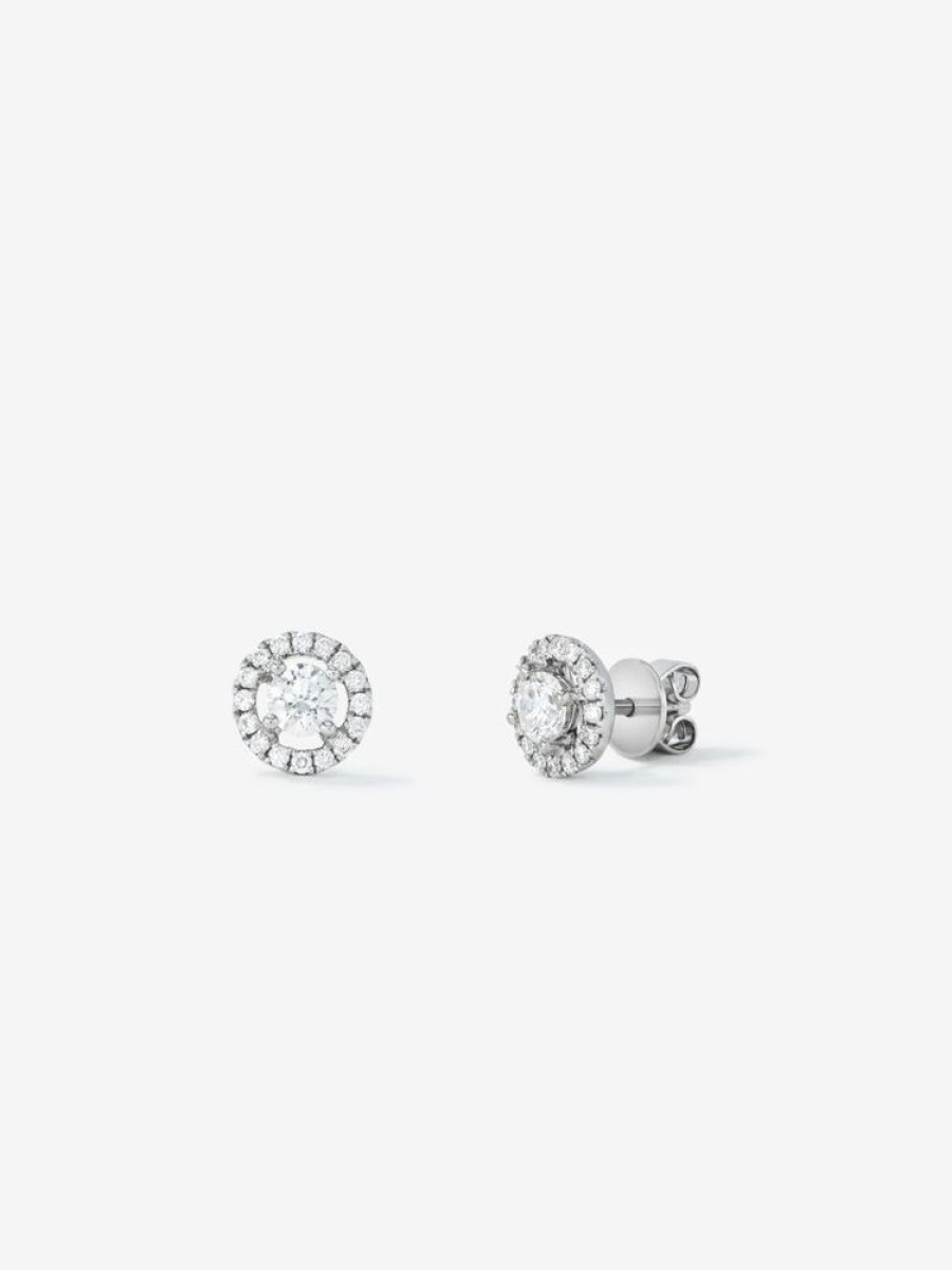 Joyeria Joyería Suárez Pendientes Con Diamantes | Pendientes De Oro Blanco De 18K Con Diamante Solitario Y Orla De Diamantes