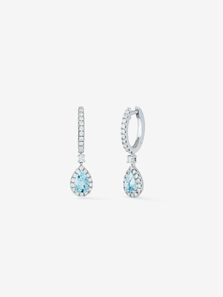 Joyeria Joyería Suárez Pendientes De Oro | Pendientes De Aro Con Colgante De Oro Blanco De 18K Con Aguamarina Y Diamante