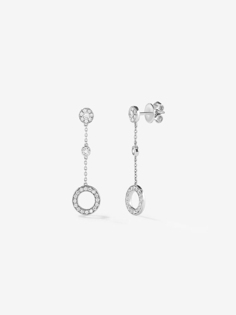 Joyeria Joyería Suárez Pendientes Con Diamantes | Pendientes Largos De Cadena De Oro Blanco De 18Kt Con Motivos Circulares Con Diamantes