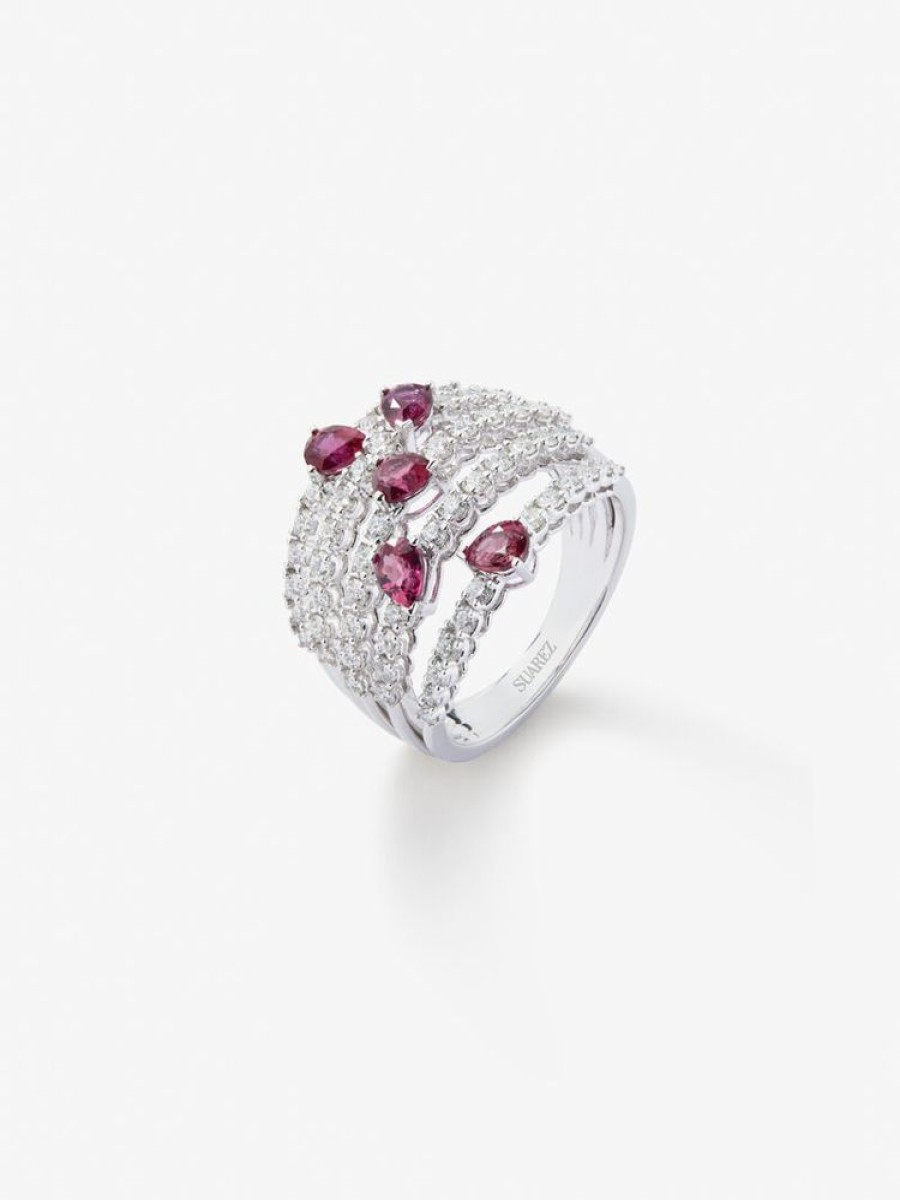 Joyeria Joyería Suárez Anillos De Oro | Anillo De Oro Blanco De 18K Con Diamantes Blancos En Talla Brillante De 1 Cts Y Rubies Rojos En Talla Pera De 1,14 Cts