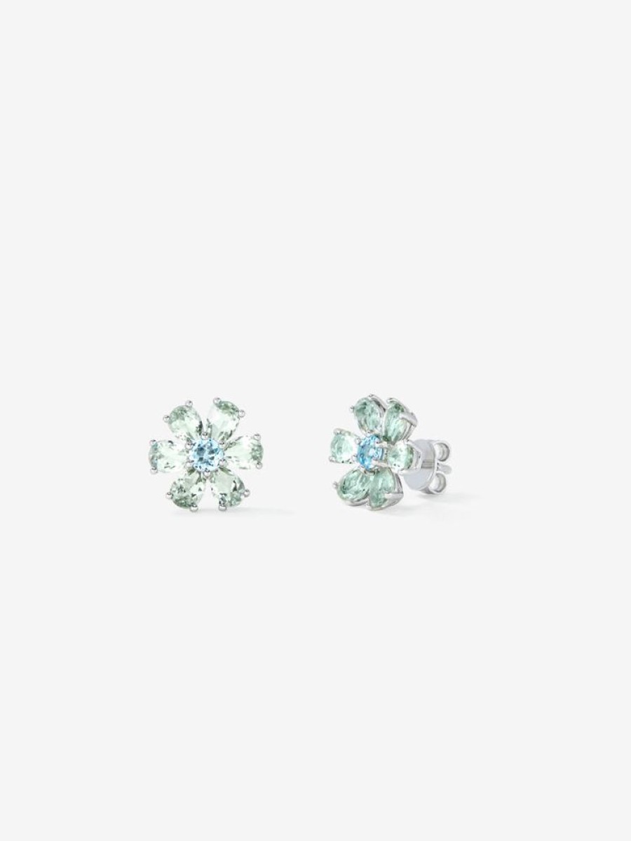 Joyeria Joyería Suárez Pendientes De Plata | Pendientes Flor De Plata 925 Con Topacio Y Amatista Verde