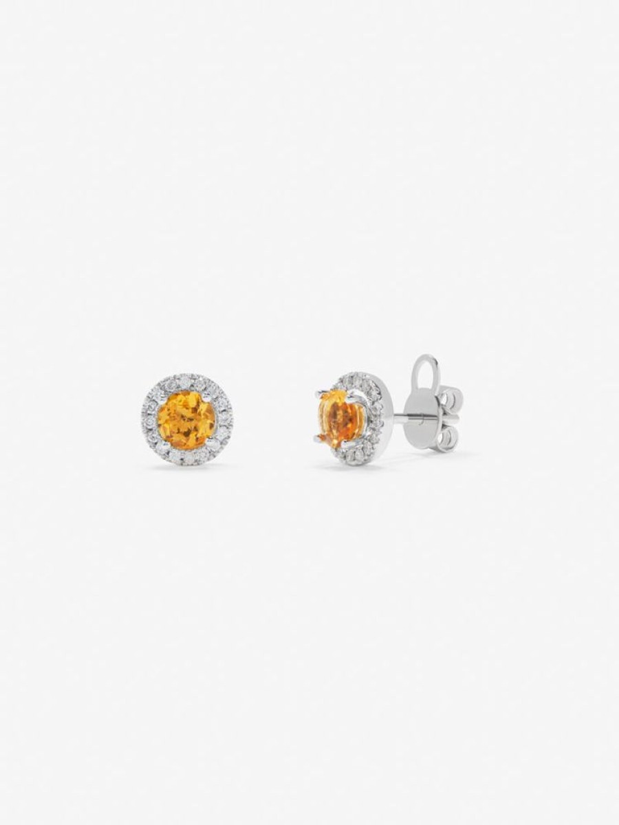 Joyeria Joyería Suárez Pendientes De Oro | Pendientes De Boton De Oro Blanco De 18K Con Citrino Y Diamante