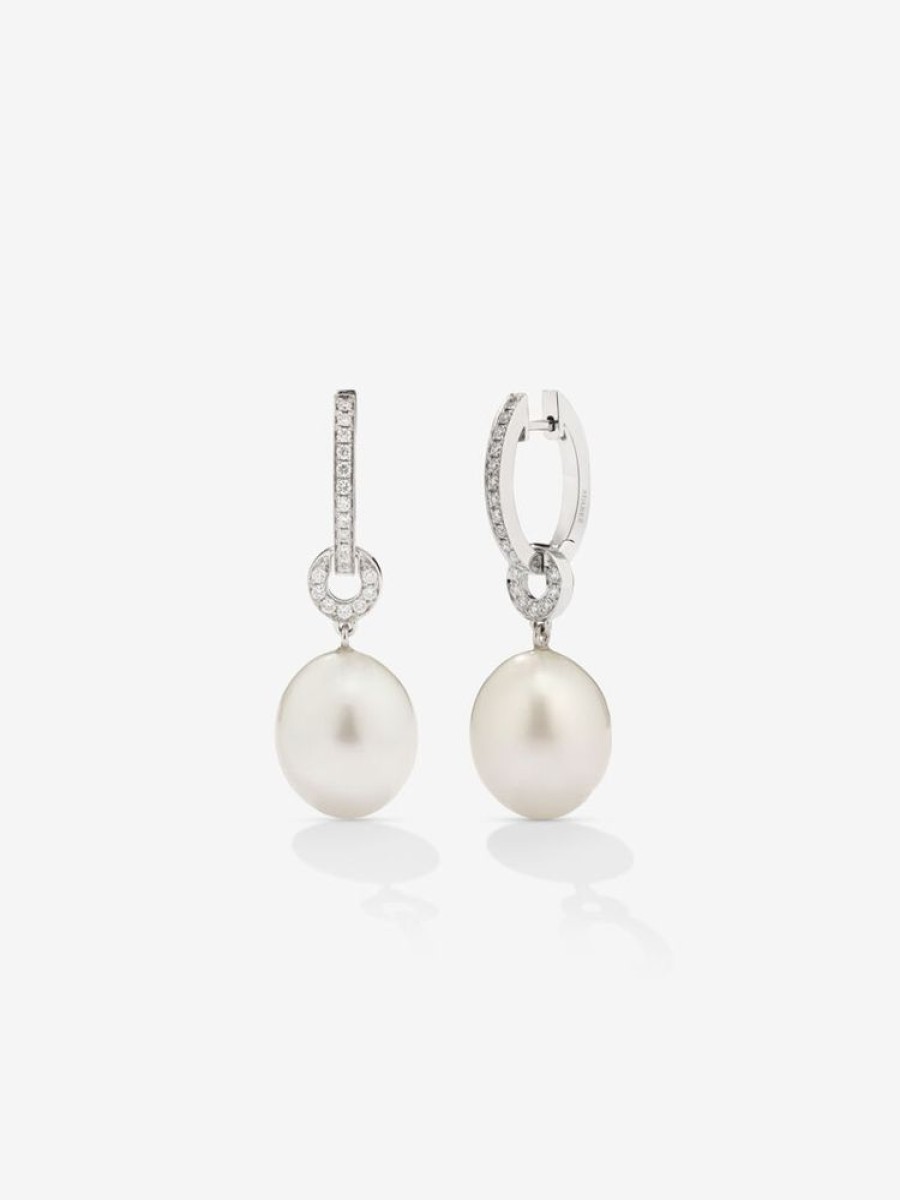 Joyeria Joyería Suárez Pendientes Con Perlas | Pendiente De Aro De Oro Blanco De 18K Con Colgante De Perla Australiana De 9 Mm Y Diamante