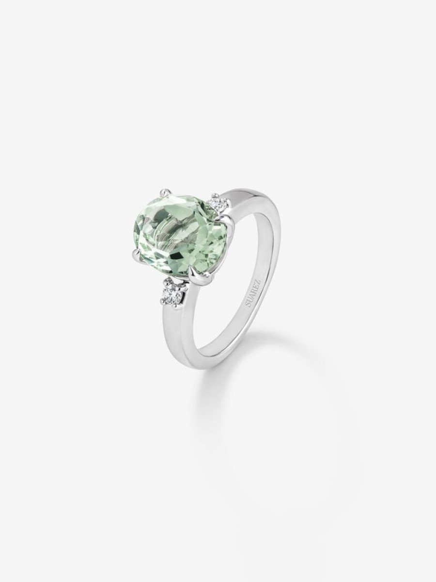 Joyeria Joyería Suárez Anillos De Plata | Anillo Tresillo De Plata 925 Con Amatista Verde Y Diamantes