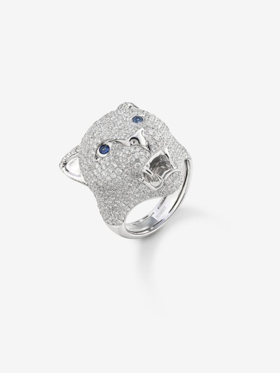 Joyeria Joyería Suárez Anillos Con Diamantes | Anillo Puma De Oro Blanco De 18Kt Con Diamantes Y Zafiros Azules