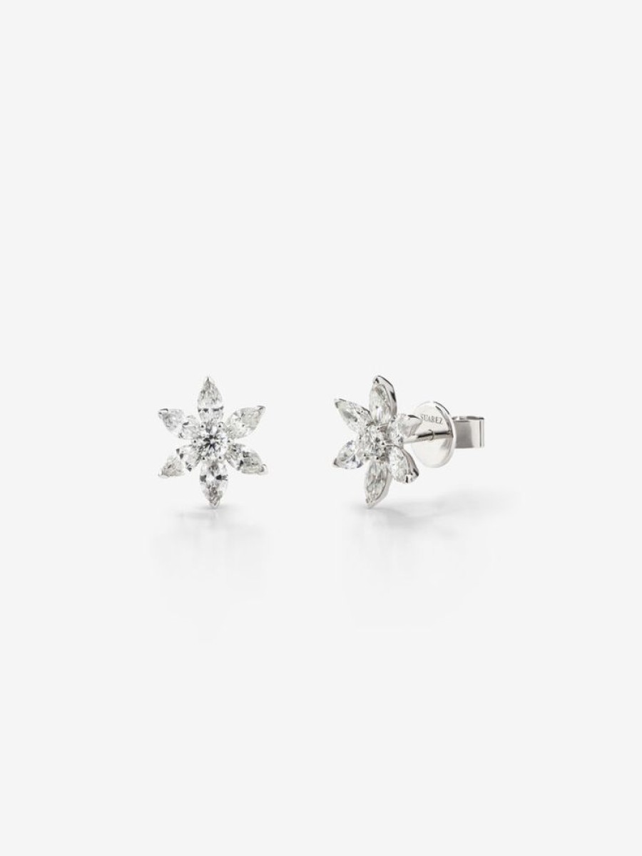 Joyeria Joyería Suárez Pendientes Con Diamantes | Pendientes Flor De Oro Blanco De 18K Con Diamantes