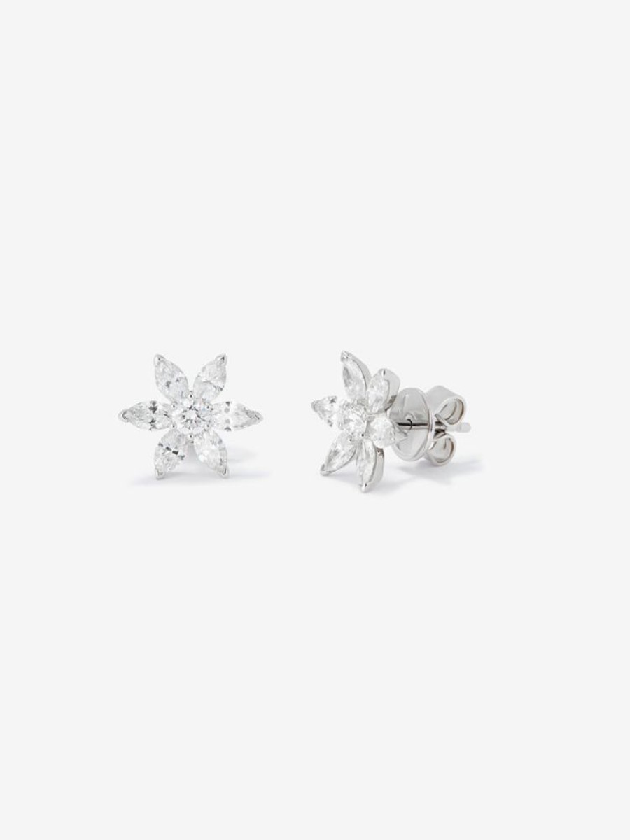 Joyeria Joyería Suárez Pendientes Con Diamantes | Pendientes Flor De Oro Blanco De 18K Con Diamantes