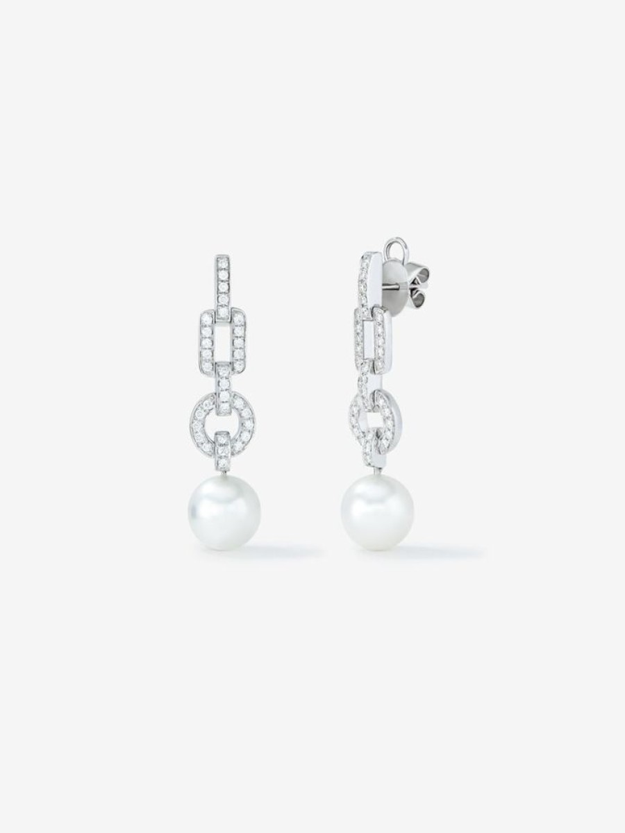 Joyeria Joyería Suárez Pendientes Con Perlas | Pendiente Colgante De Oro Blanco De 18K Con Perla Autraliana De 10 Mm Y Diamante