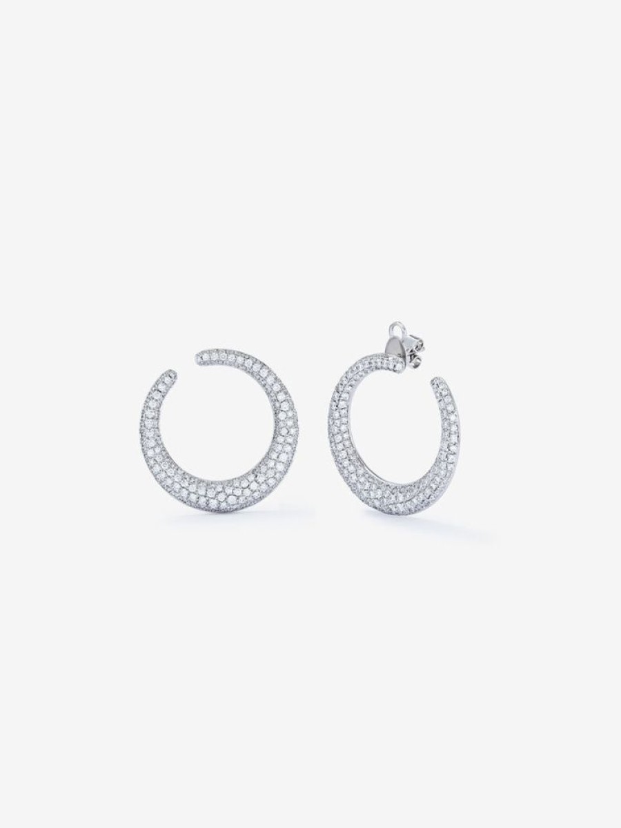 Joyeria Joyería Suárez Pendientes Con Diamantes | Pendientes De Aro Abiertos Grandes De Oro Blanco De 18K Con Pave De Diamantes Blancos En Talla Brillante De 3,9 Cts