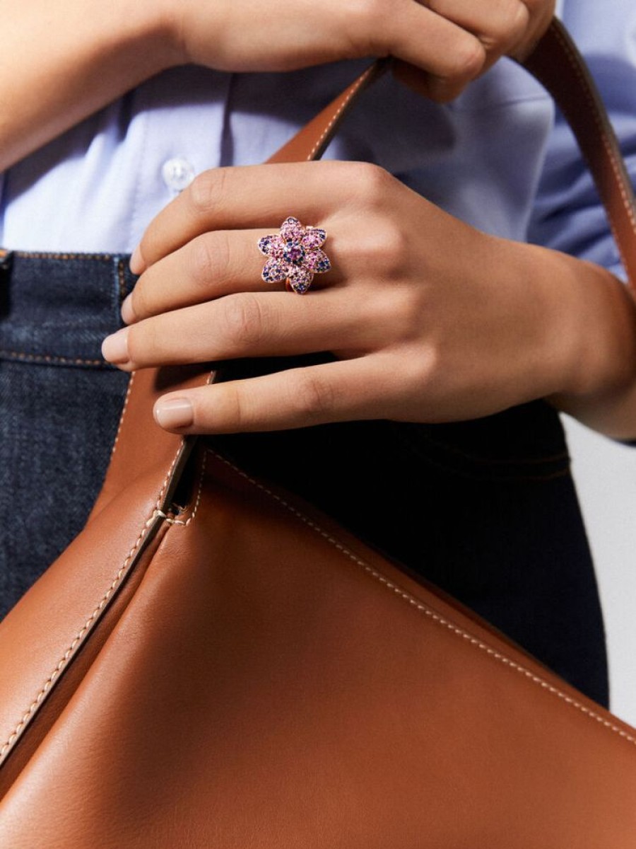 Joyeria Joyería Suárez Anillos De Oro | Anillo Flor De Oro Rosa De 18Kt Con Zafiros Multicolor